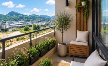 Detailansicht Balkon bspl. KI-Möblierung der Immobilie 1-Zimmer-Wohnung im 12. Obergeschoss