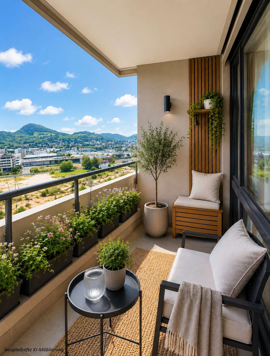 Detailansicht Balkon bspl. KI-Möblierung der Immobilie 1-Zimmer-Wohnung im 12. Obergeschoss