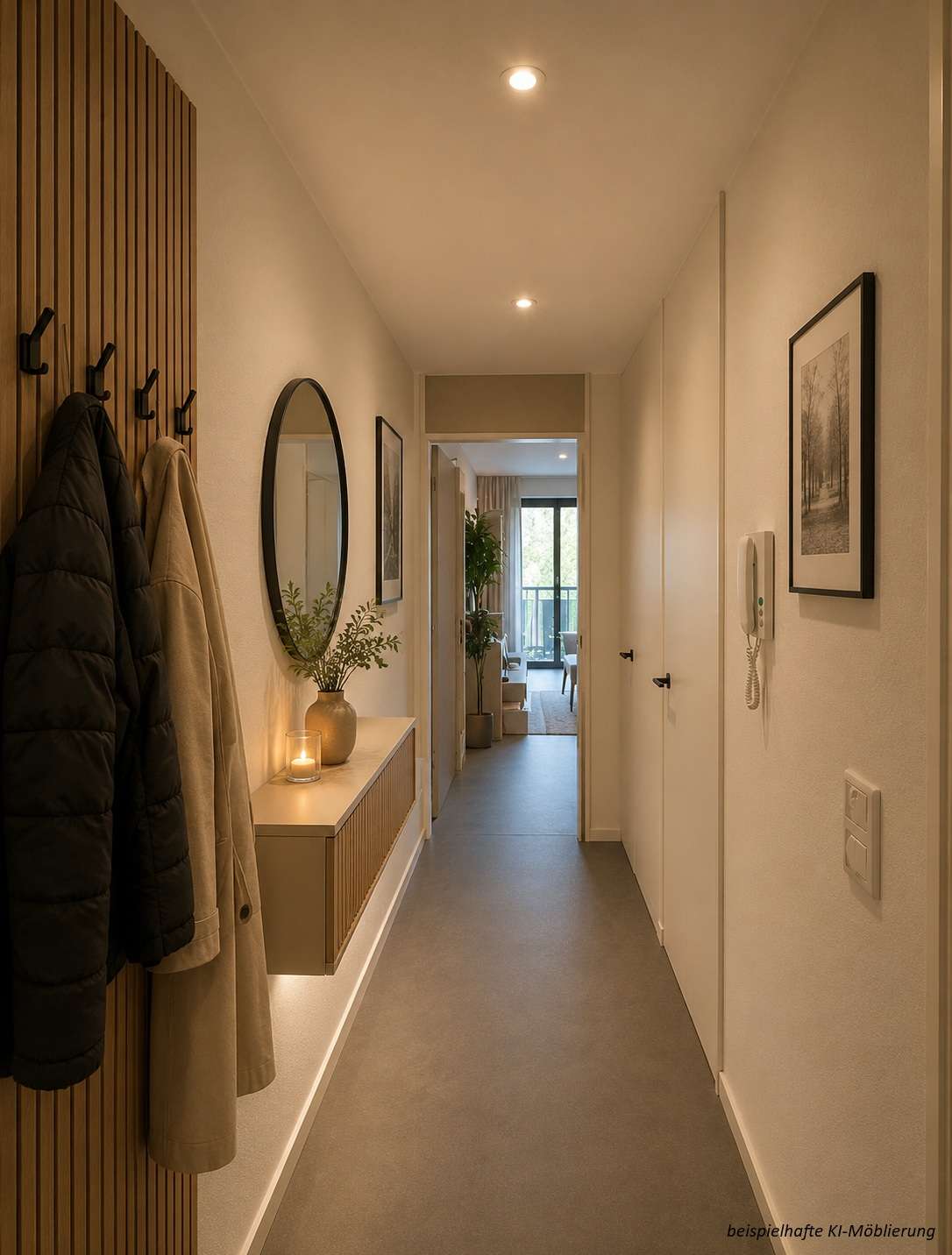 Detailansicht Flur bspl. KI-Möblierung der Immobilie 1-Zimmer-Wohnung im 12. Obergeschoss