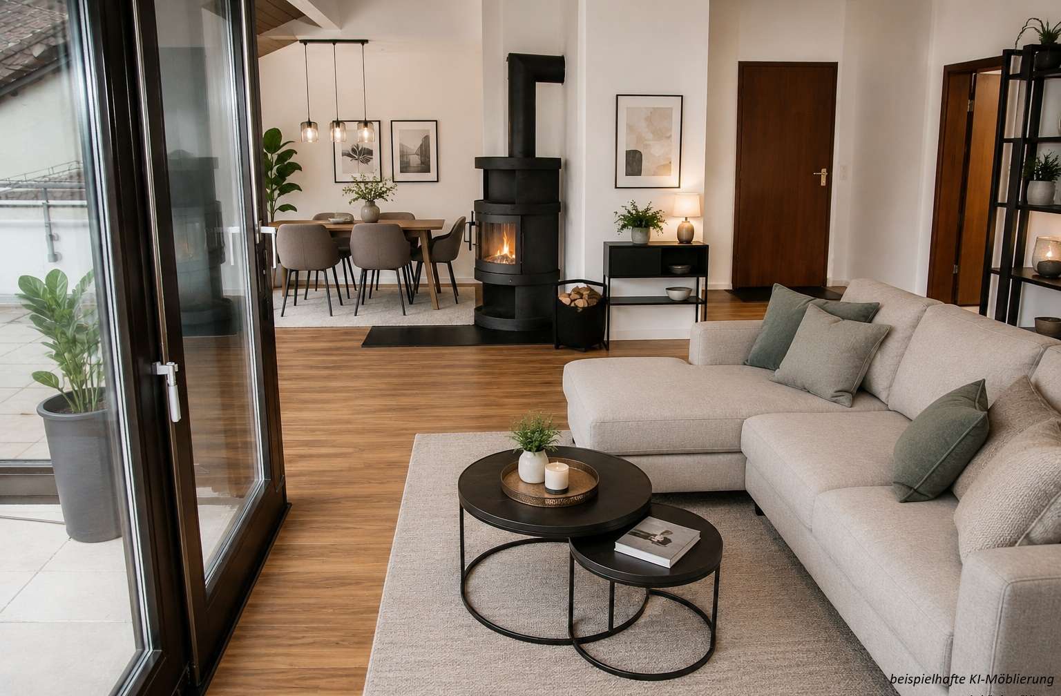 Detailansicht Zimmer bspl. KI-Möblierung der Immobilie 2,5-Zimmer-Studiowohnung an der Achalm