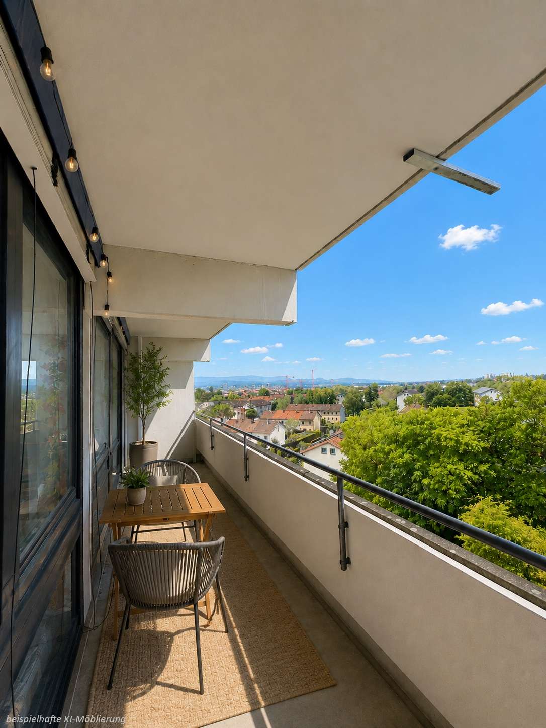Detailansicht Balkon bspl. KI-Möblierung der Immobilie Schöne 2-Zimmer Wohnung im 6. Obergeschoss