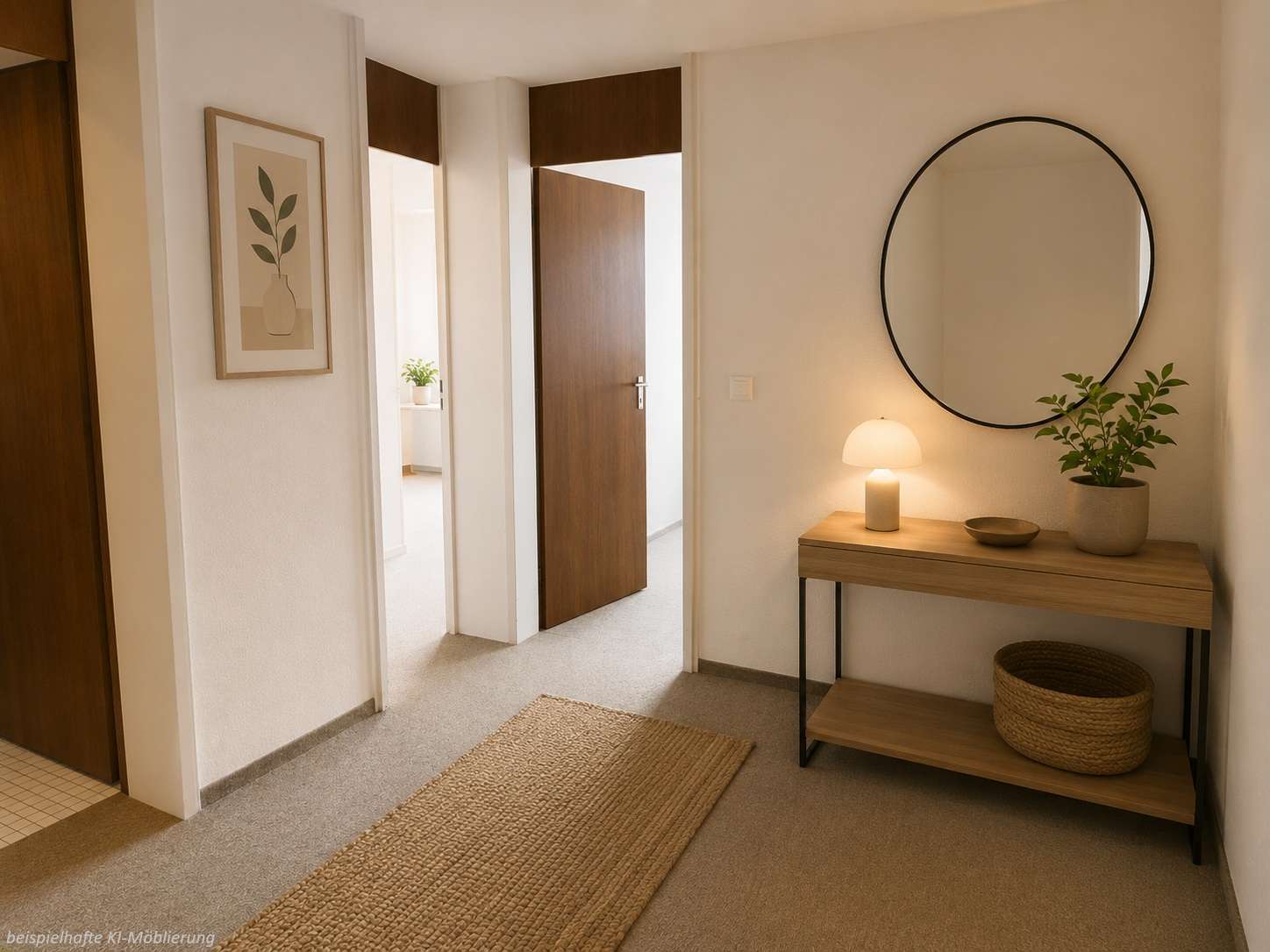 Detailansicht Flur bspl. KI-Möblierung der Immobilie 2-Zimmer-Wohnung im 12. Obergeschoss