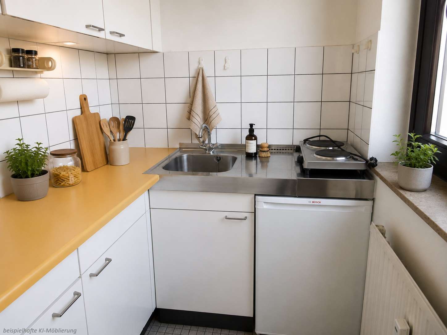 Detailansicht Küche bspl. KI-Möblierung der Immobilie 2-Zimmer-Wohnung im 12. Obergeschoss