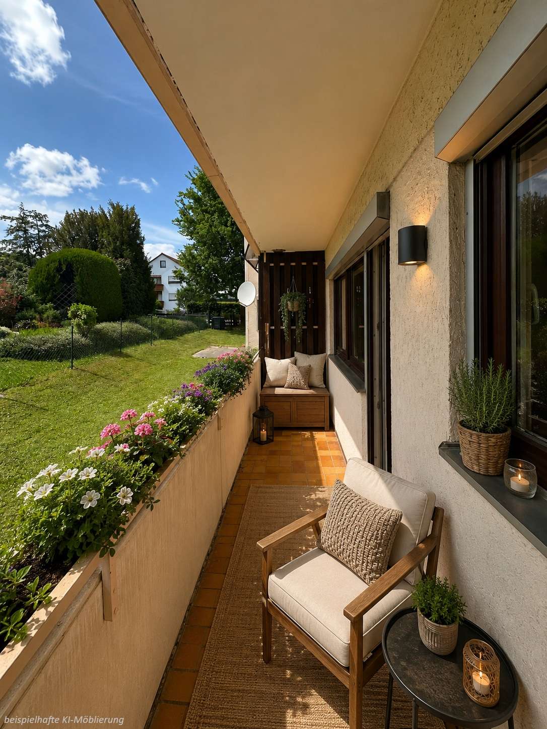 Detailansicht Balkon bspl. KI-Möblierung der Immobilie Freie 1-Zimmer-Wohnung in ruhiger Lage