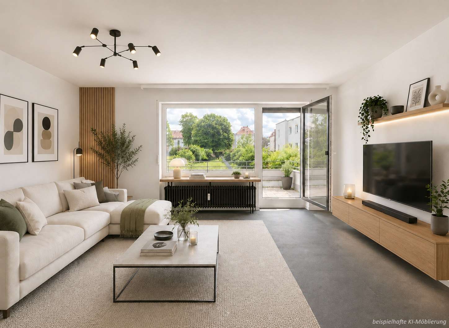Detailansicht Wohnen bspl. KI-Möblierung der Immobilie Freie 2-Zimmer-Wohnung mit Achalm-Blick