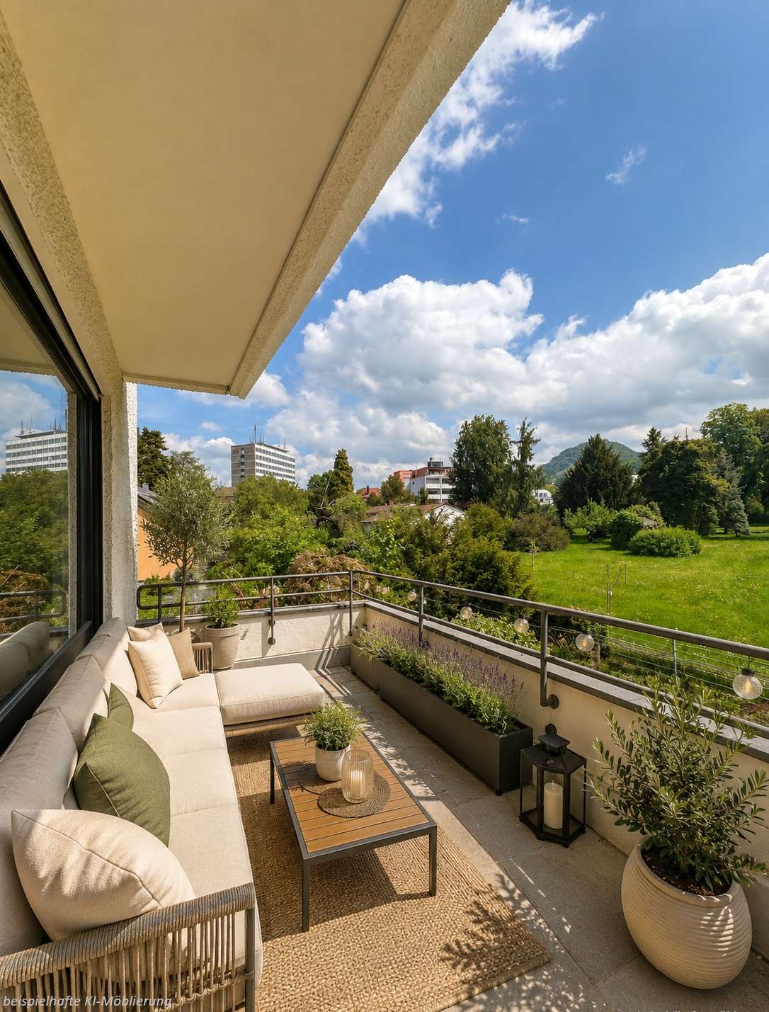 Detailansicht Balkon bspl. KI-Möblierung der Immobilie Freie 2-Zimmer-Wohnung mit Achalm-Blick