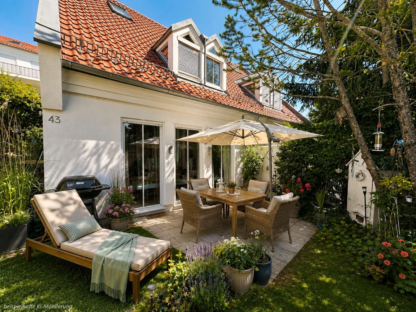 Detailansicht Terrasse bspl. KI-Möblierung der Immobilie Schöne Doppelhaushälfte in ruhiger Lage