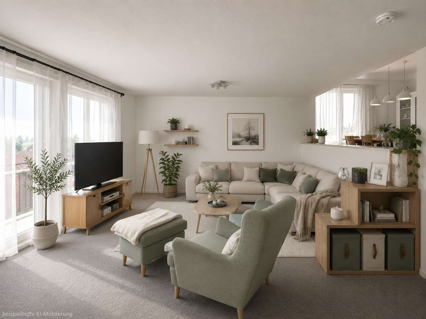 Detailansicht Wohnzimmer bspl. KI-Möblierung der Immobilie Schöne Doppelhaushälfte in ruhiger Lage