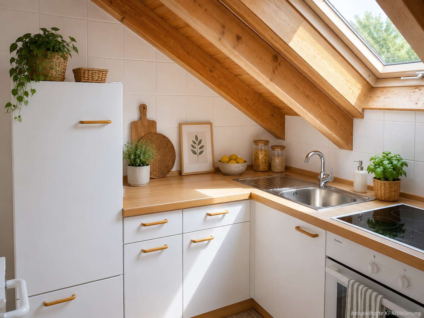 Detailansicht Küche bspl. KI-Möblierung der Immobilie Schöne 2-Zimmer-Studiowohnung in ruhiger Wohnlage