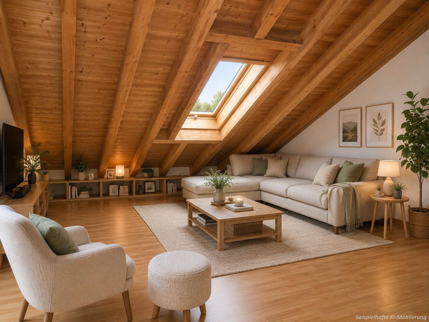 Detailansicht Wohnzimmer bspl. KI-Möblierung der Immobilie Schöne 2-Zimmer-Studiowohnung in ruhiger Wohnlage