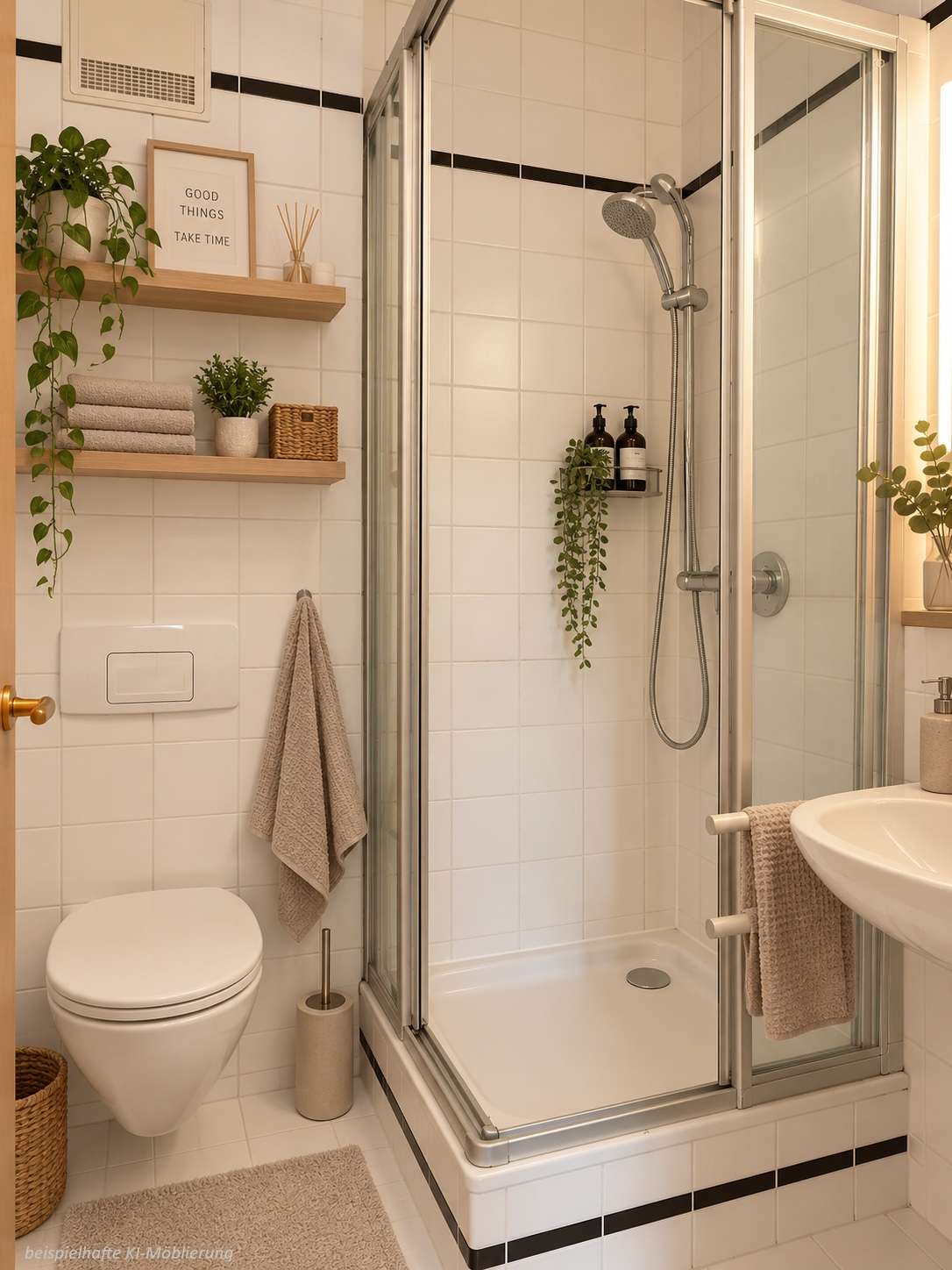 Detailansicht Duschbad bspl. KI-Möblierung der Immobilie 4-Zimmer-Studio-Wohnung in ruhiger Lage