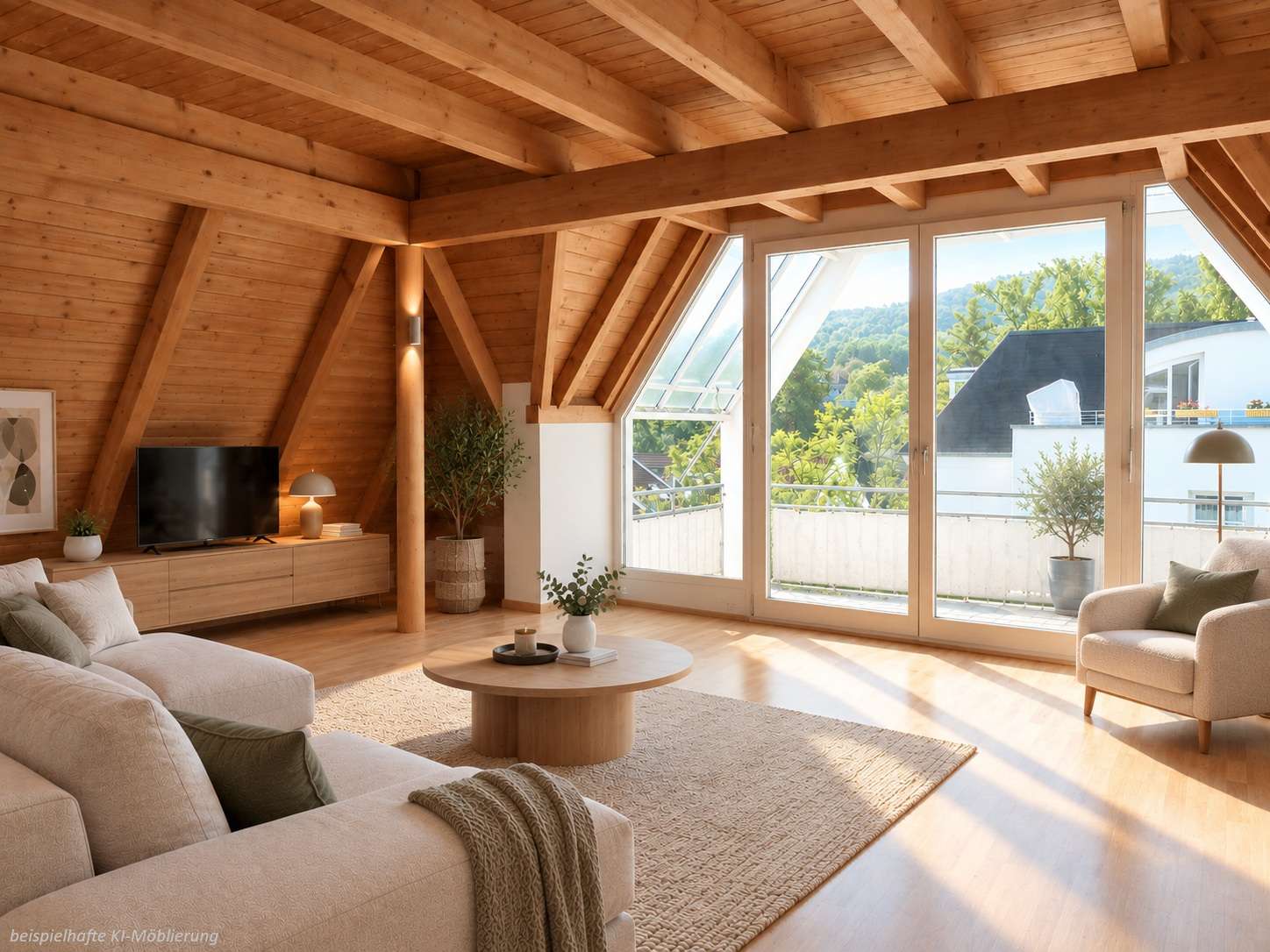 Detailansicht Wohnzim. bspl. KI-Möblierung der Immobilie 4-Zimmer-Studio-Wohnung in ruhiger Lage