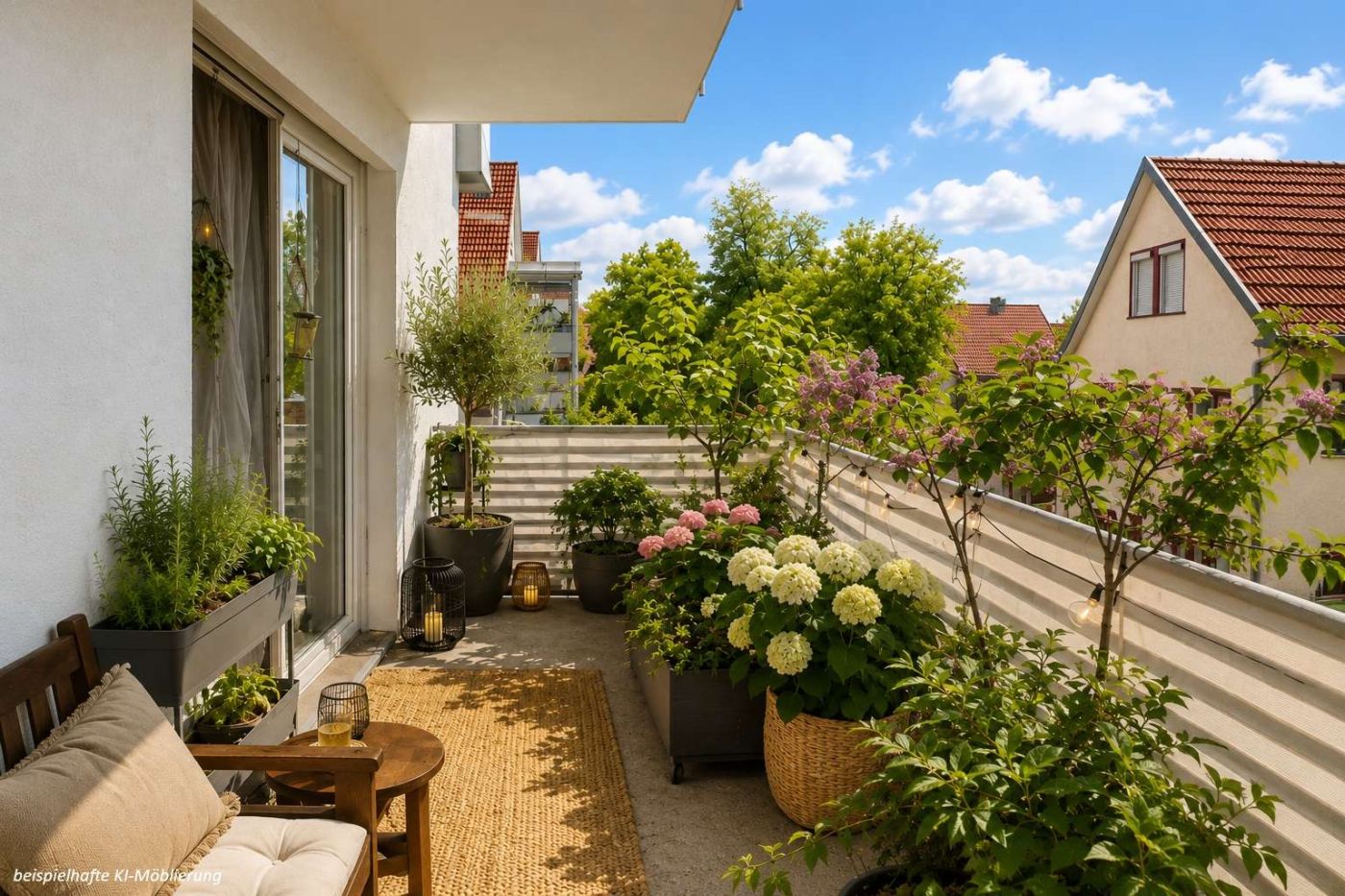 Detailansicht Balkon bspl. KI-Möblierung der Immobilie Schöne 2-Zimmer-Wohnung im Herzen von Reutlingen